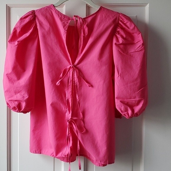 H&M PINK PUFF SLEEVE COTTON TOP XS - Picture 4 of 8